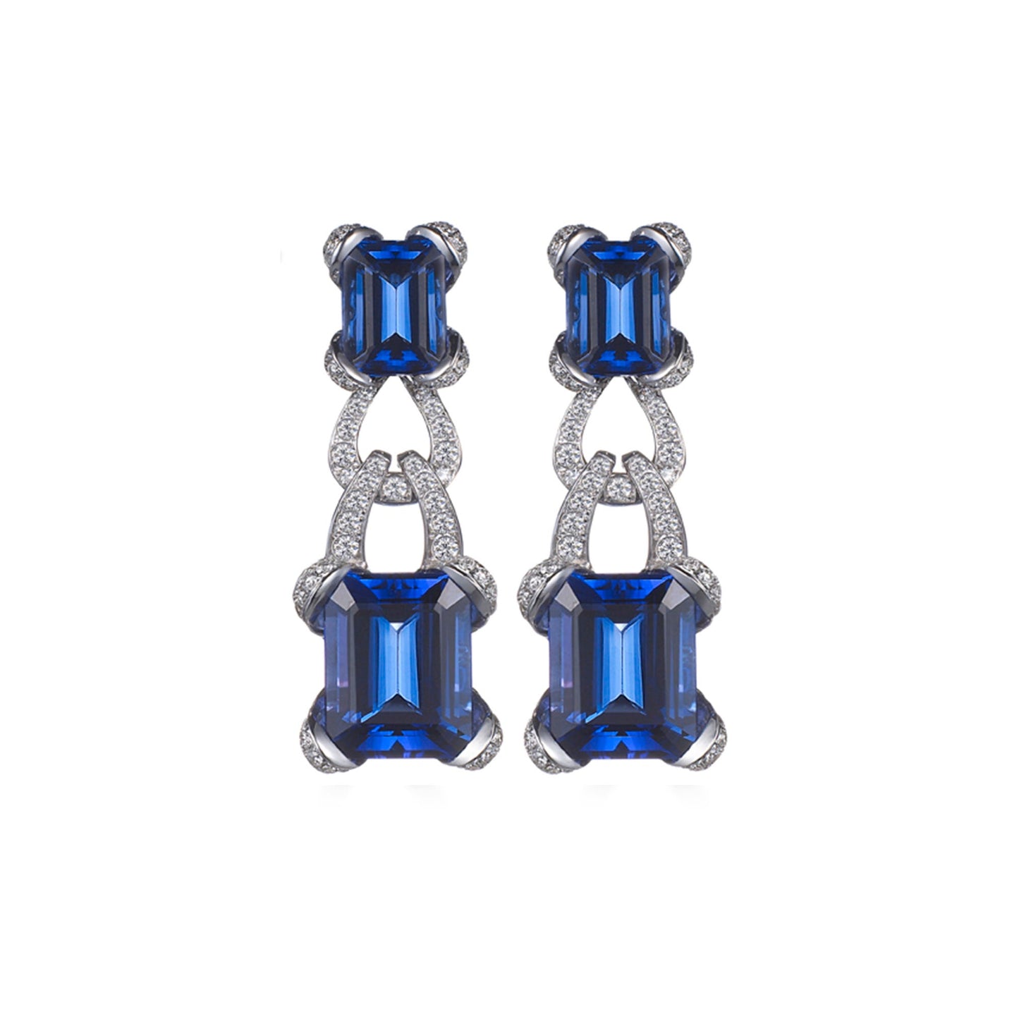 タンザナイトとダイヤモンドをあしらった18Kホワイトゴールドのリボンピアス