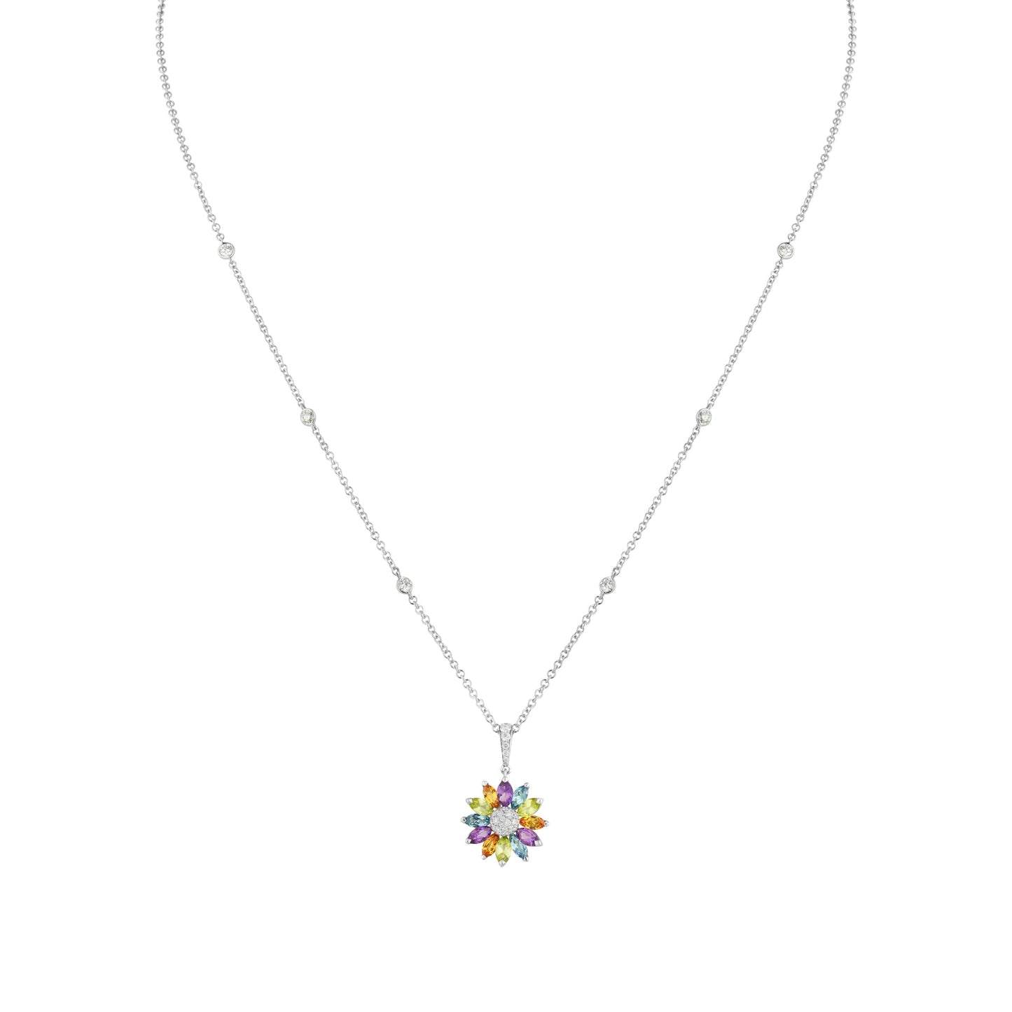 Daisy Small Pendant in 18ct White Gold with Multicoloured Gemstones