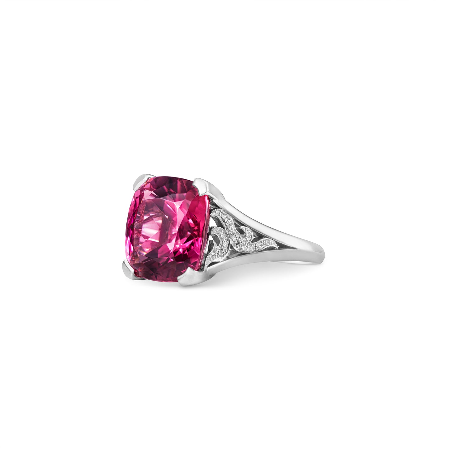 Cocktail Ring in 18ct White Gold with Pink Tourmaline and Pavé-set Diamonds