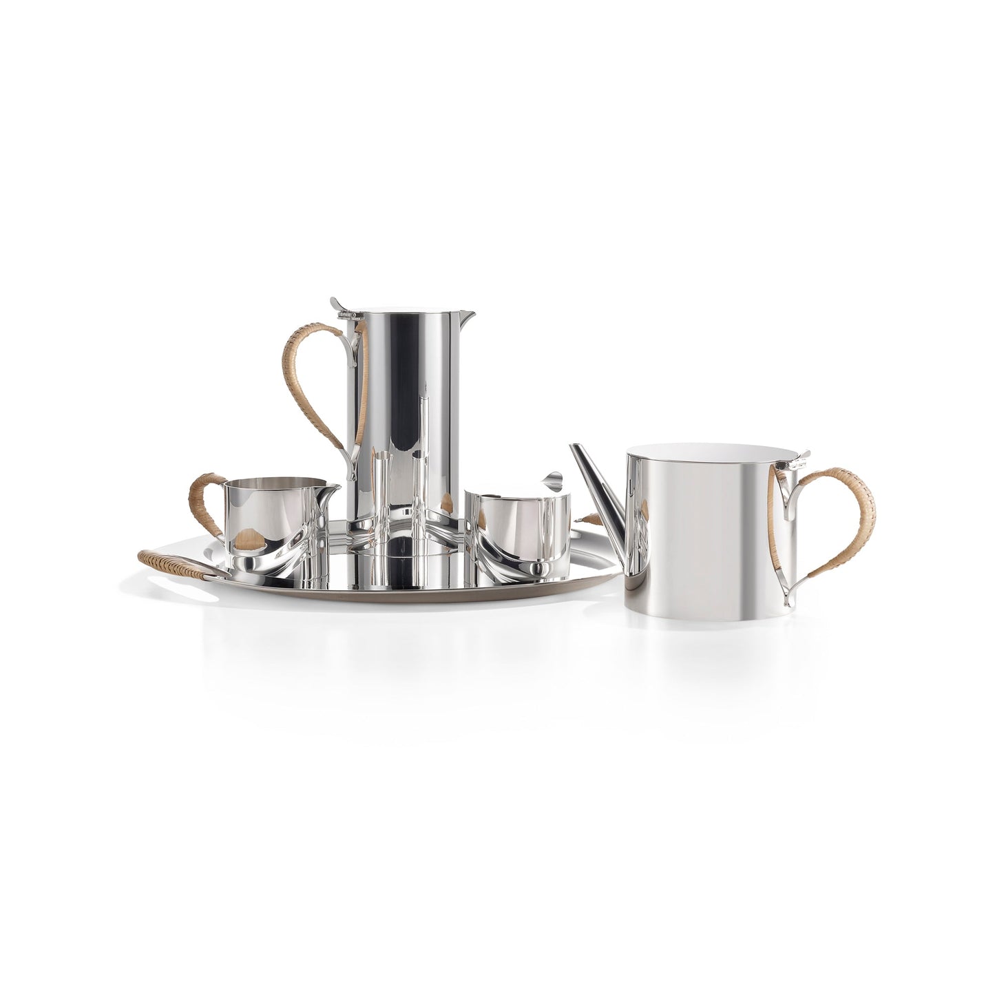 Cane Tea & Coffee Set With Tray in Sterling Silver