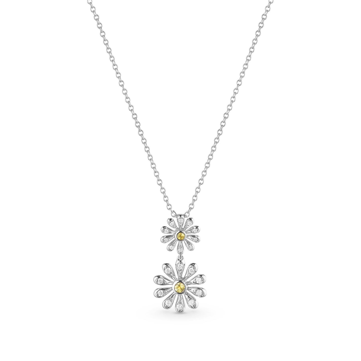 Mini Daisy Double Pendant in 18ct White Gold with Yellow Sapphire and Diamonds