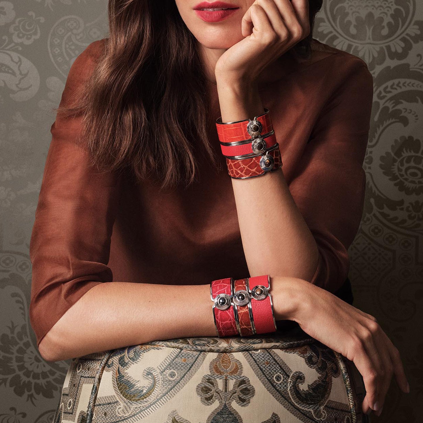 Bond Street Bi-color Wide Button Cuff in Crocodile with Palladium Finish