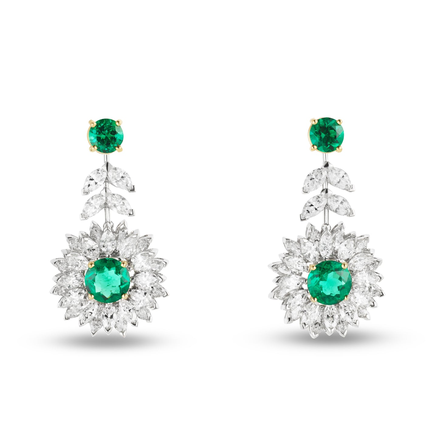 Daisy Drop Earrings in Platinum with Emeralds and Diamonds