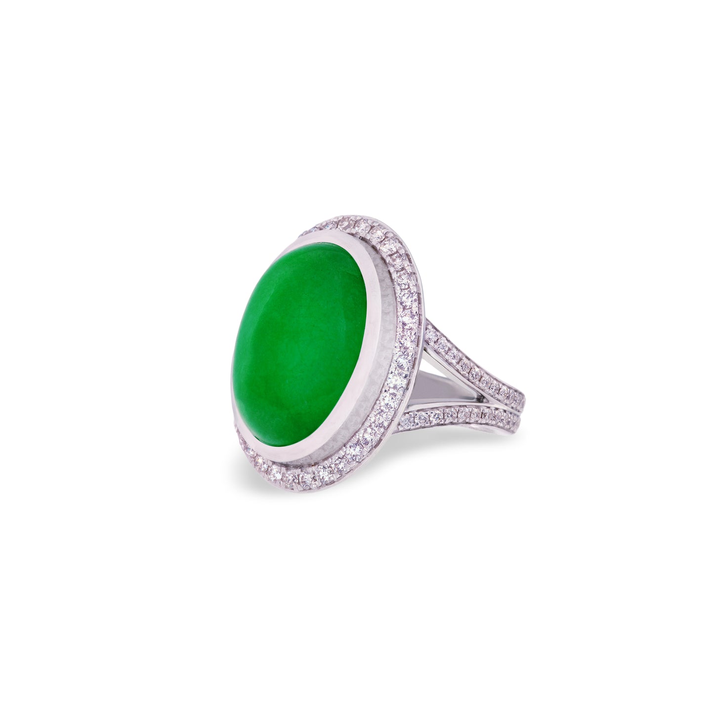 Imperial Jadeite Cabochon Ring in 18ct White Gold with Diamonds