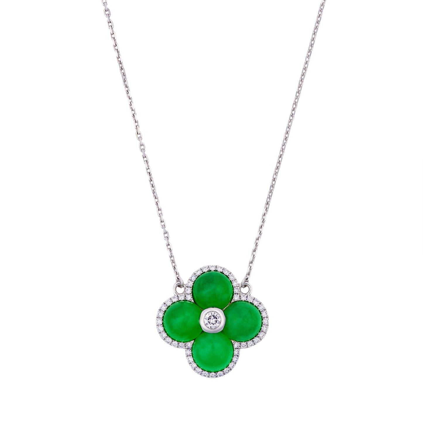 Imperial Jadeite Clover Pendant in 18ct White Gold with Diamonds