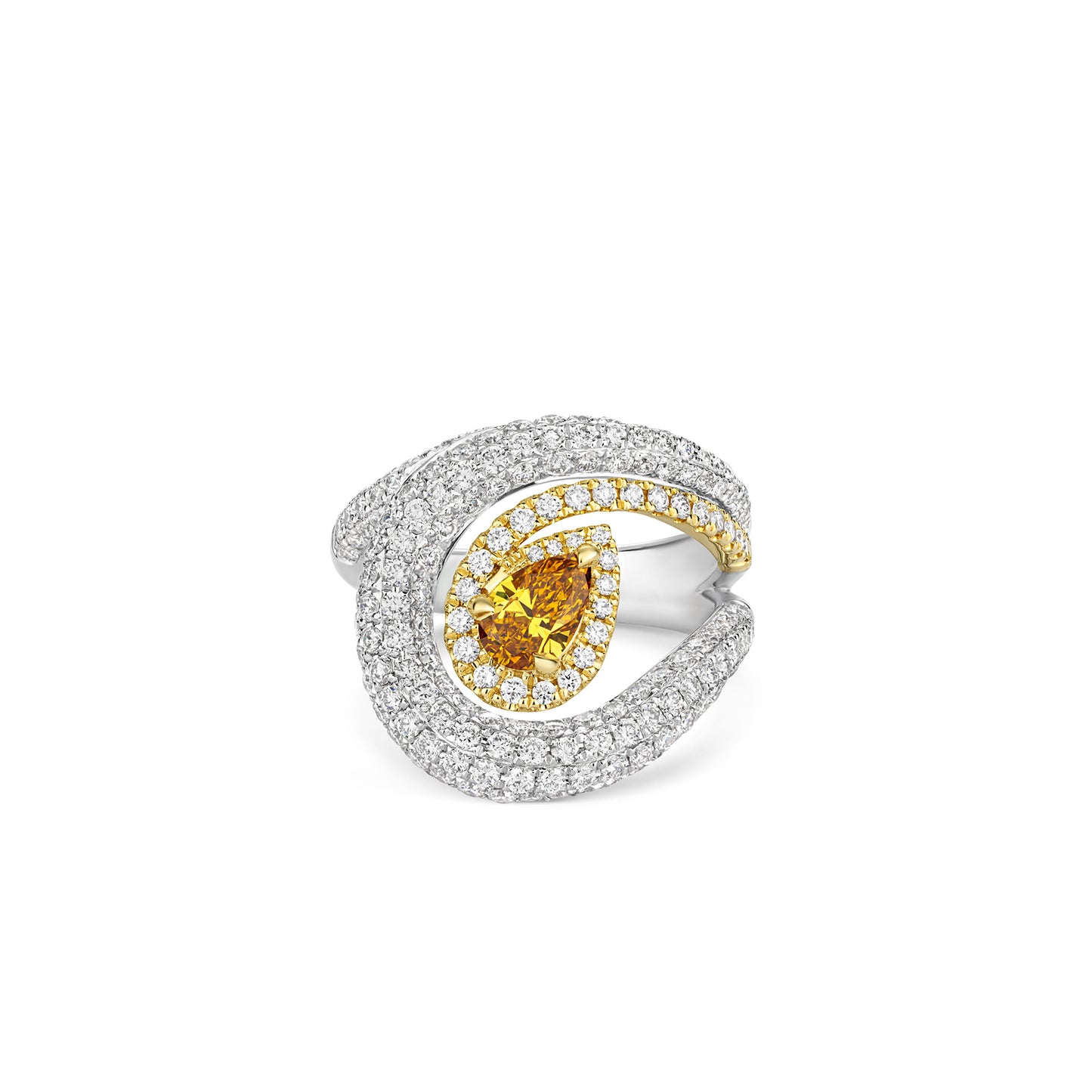 Pear-cut Yellow Diamond Ring in Platinum and 18ct Yellow Gold with Diamonds