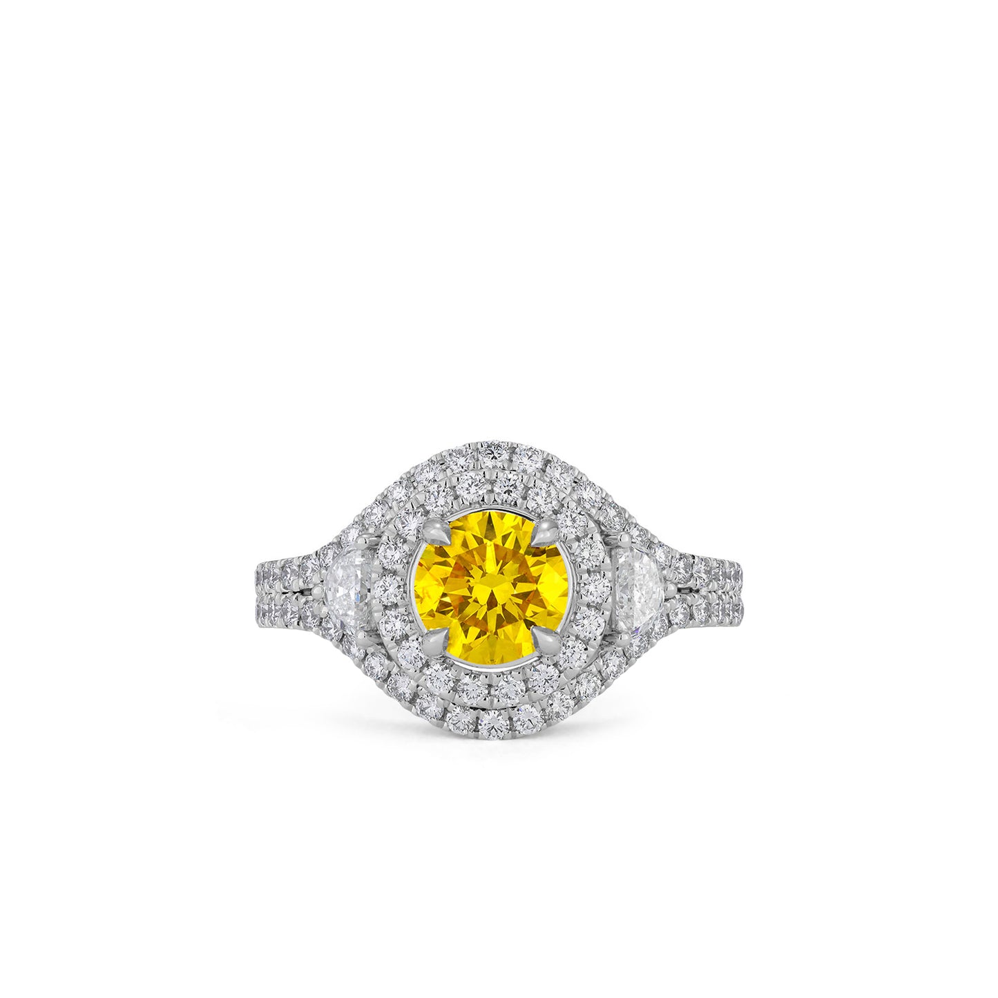 Round Brilliant-Cut Yellow Diamond Ring in Platinum with Diamonds