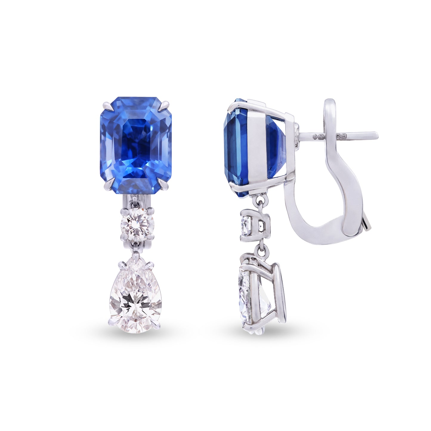 Sapphire Earrings in Platinum and 18ct White Gold with Pear-Shaped and Brilliant-Cut Diamonds