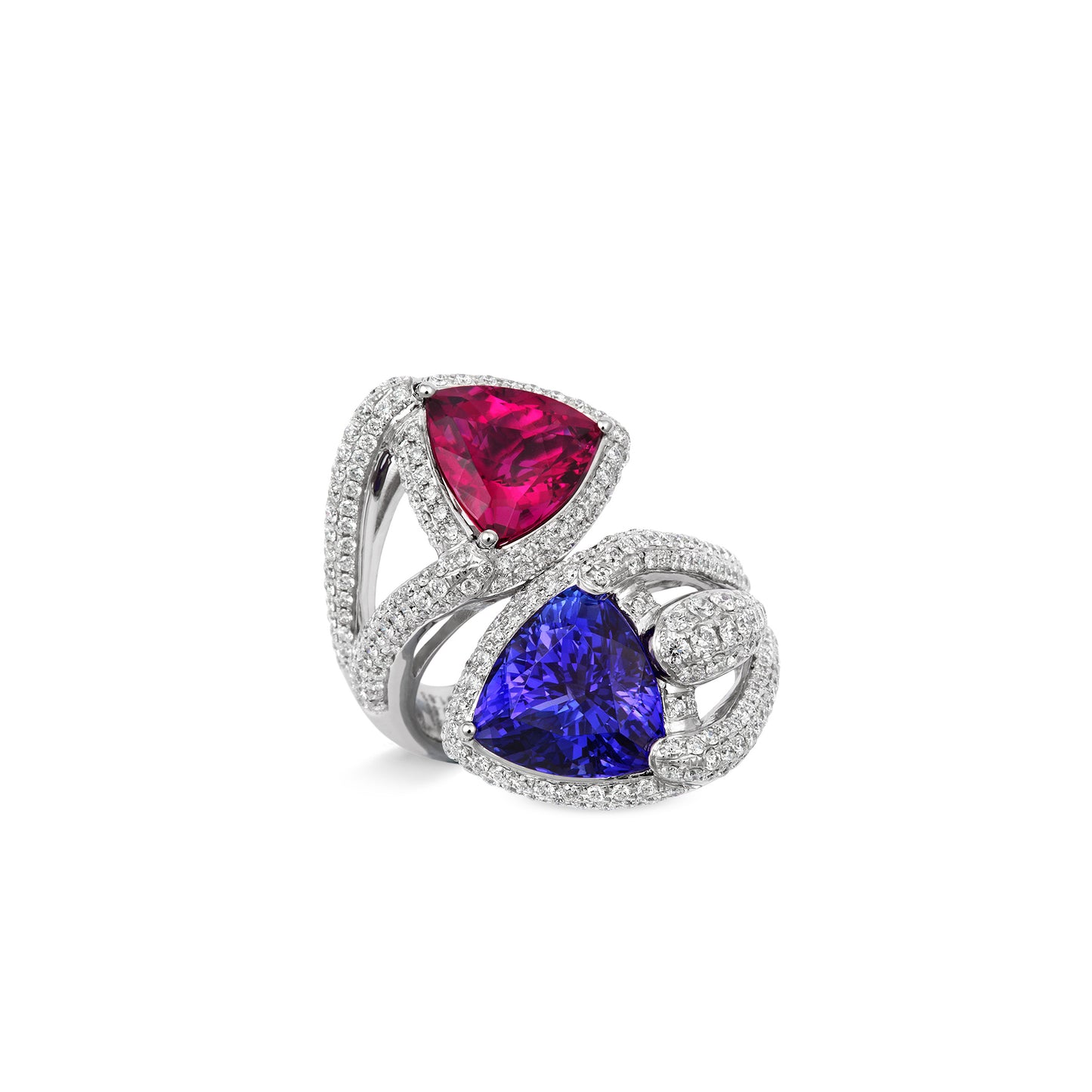 Trillion-cut Tanzanite and Rubelite Ring in 18ct White Gold with Diamonds