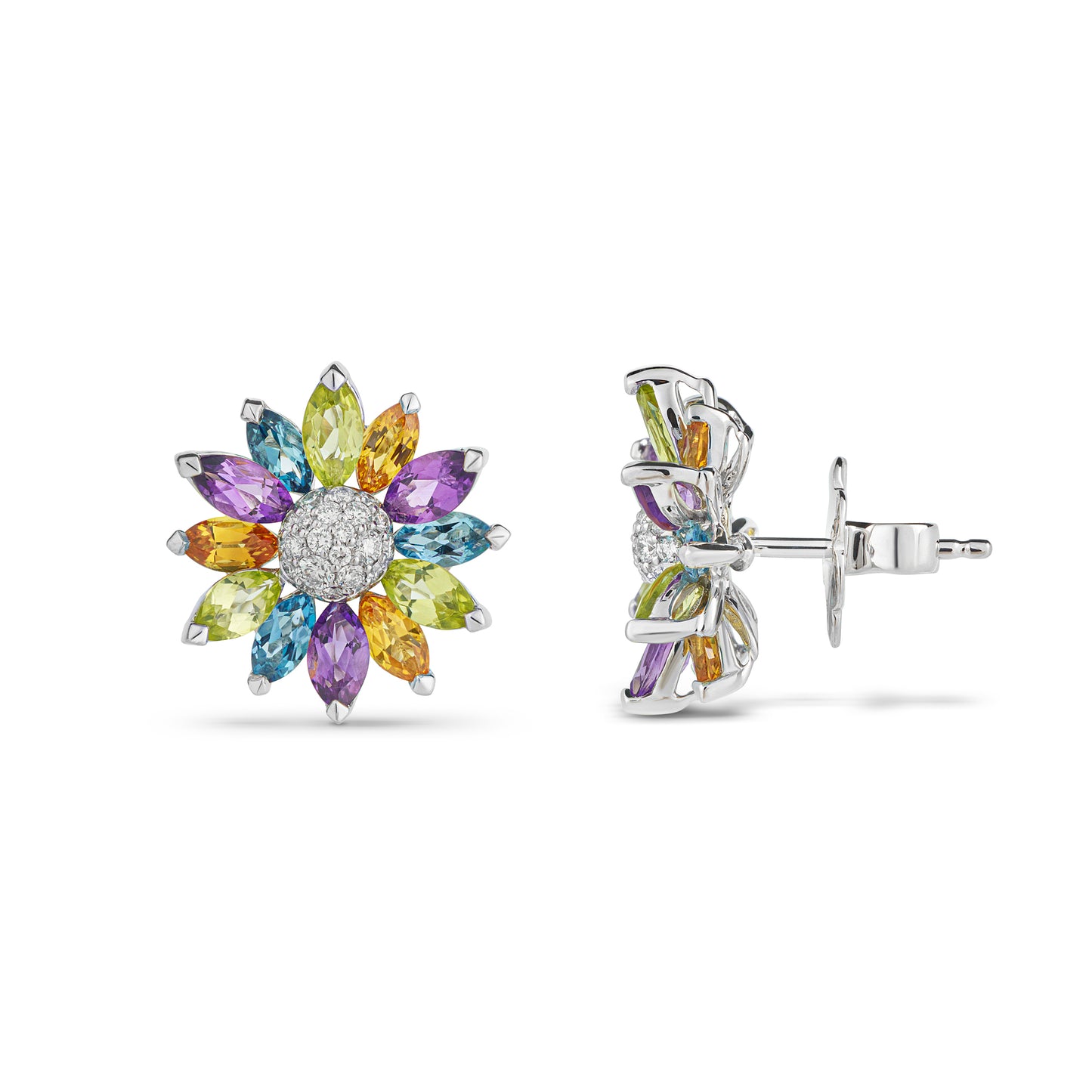 Daisy Small Earrings in 18ct White Gold with Multicolored Gemstones