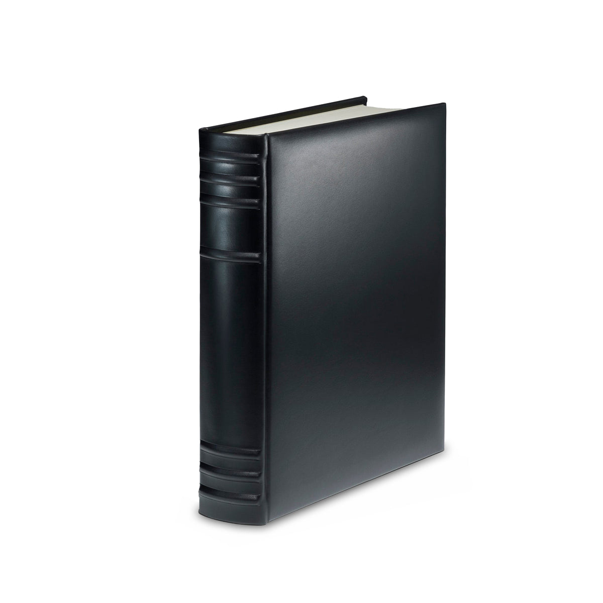 Black leather-bound photo album on a white background