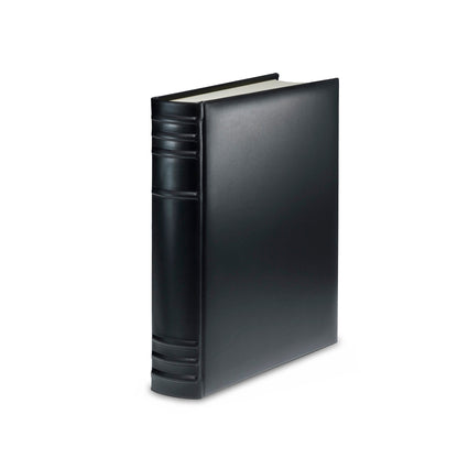 Black leather-bound photo album on a white background