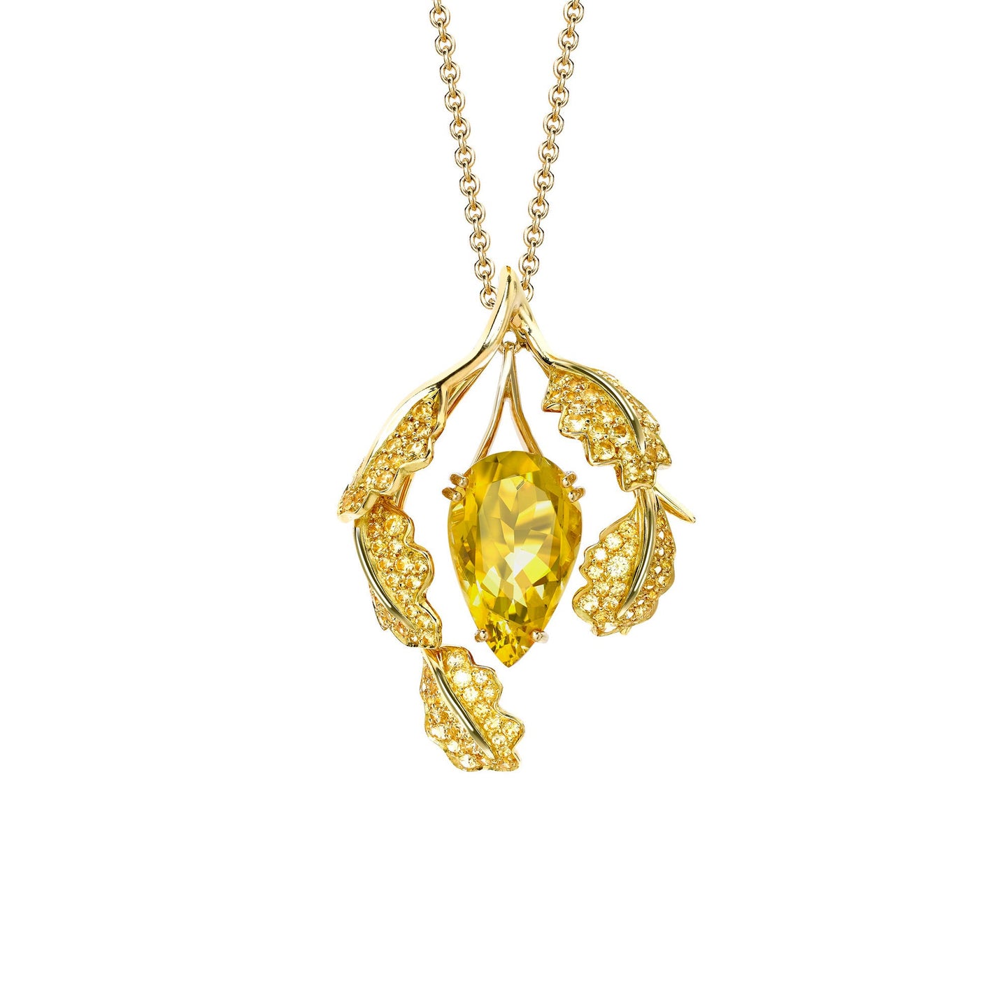 Woodland Oak Leaf Pendant in 18ct Yellow Gold with Beryl
