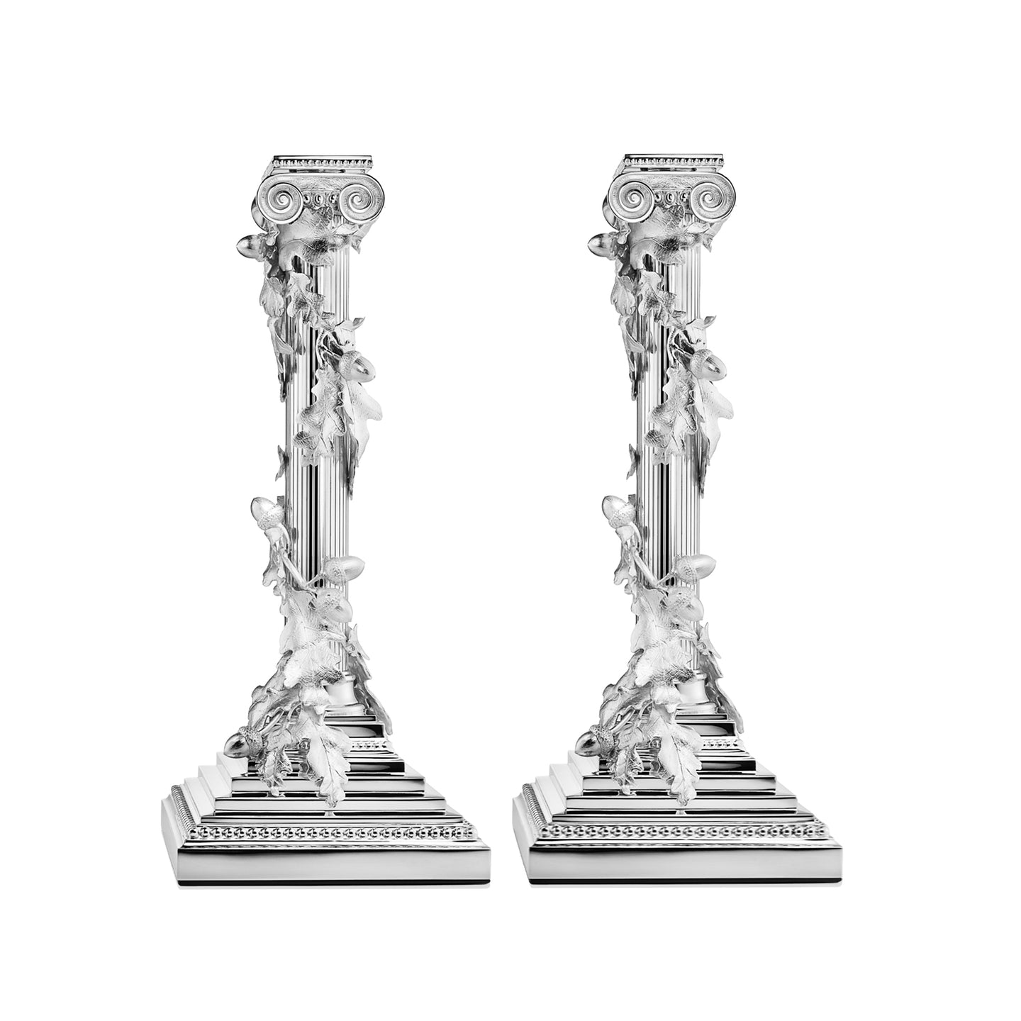 Pair of Woodland Oak Candlesticks in Sterling Silver