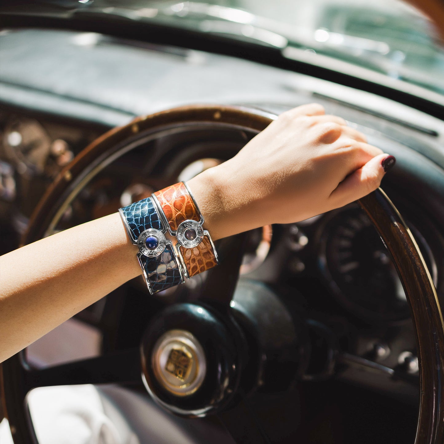 Bond Street Wide Button Cuff in Crocodile with Palladium Finish