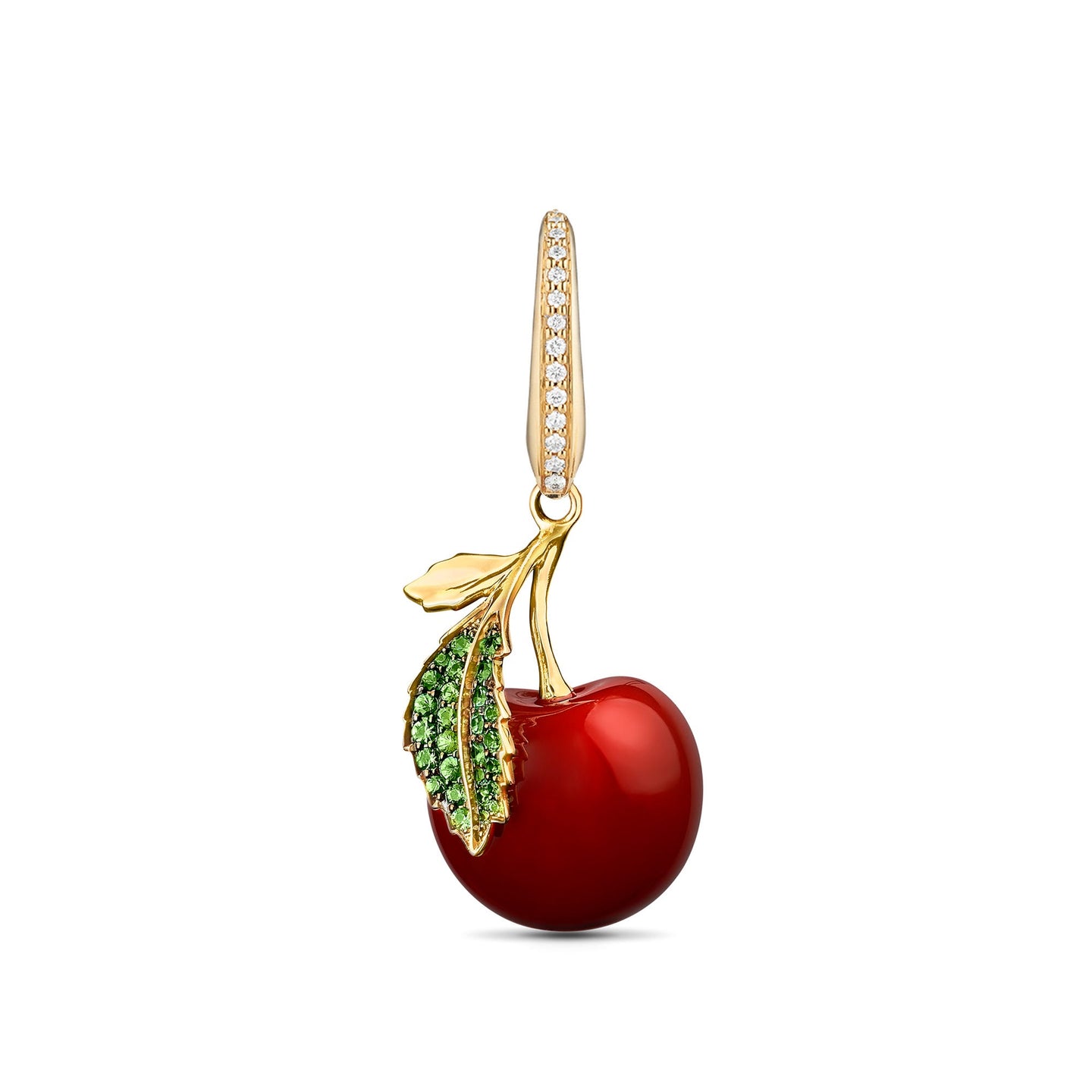 Woodland Cherry Charm in Enamelled 18ct Yellow Gold with Tsavorites