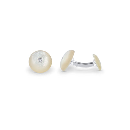 Round Mother of Pearl Cufflinks with Diamond in Sterling Silver