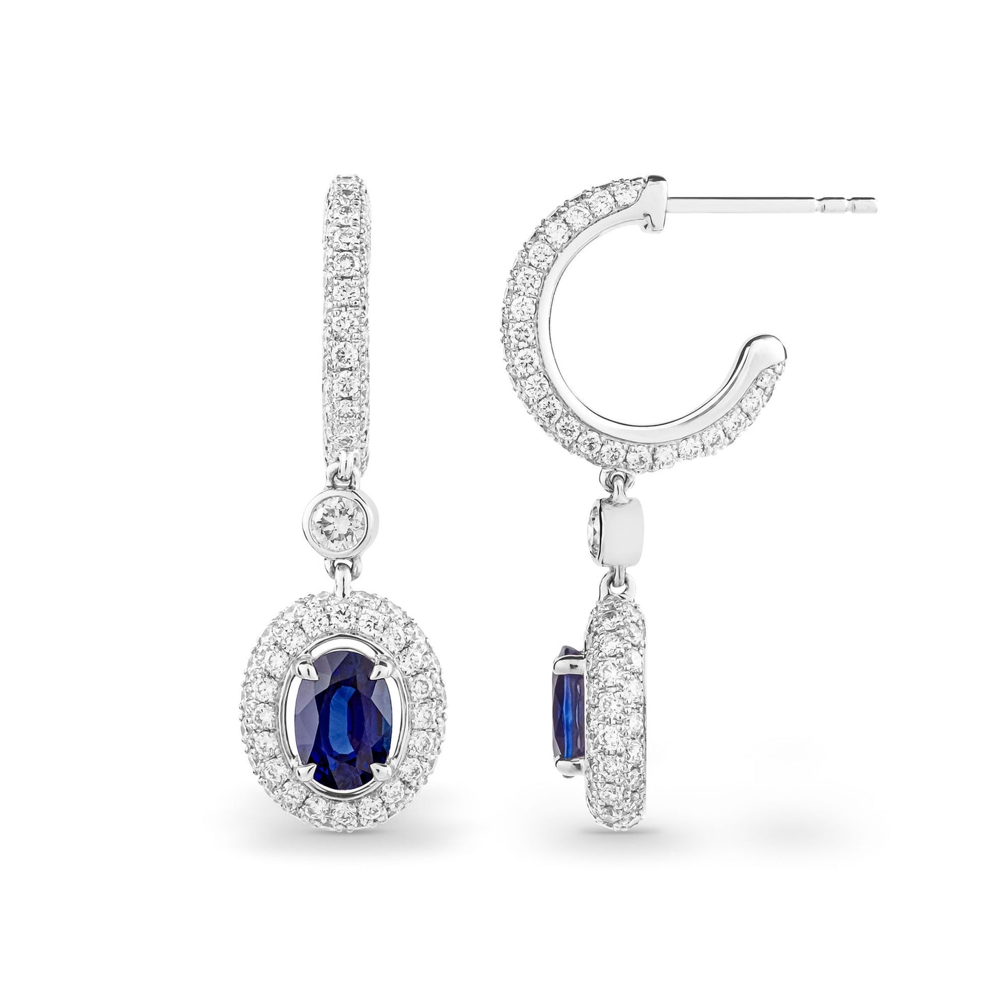 Platinum Hoop Earrings with Oval Sapphire and Diamonds