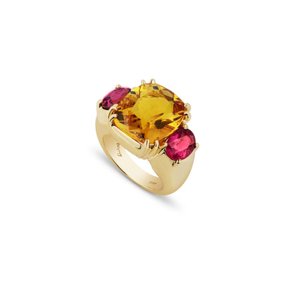 Maxi Chaos Ring in 18ct Yellow Gold with Citrine and Pink Tourmaline