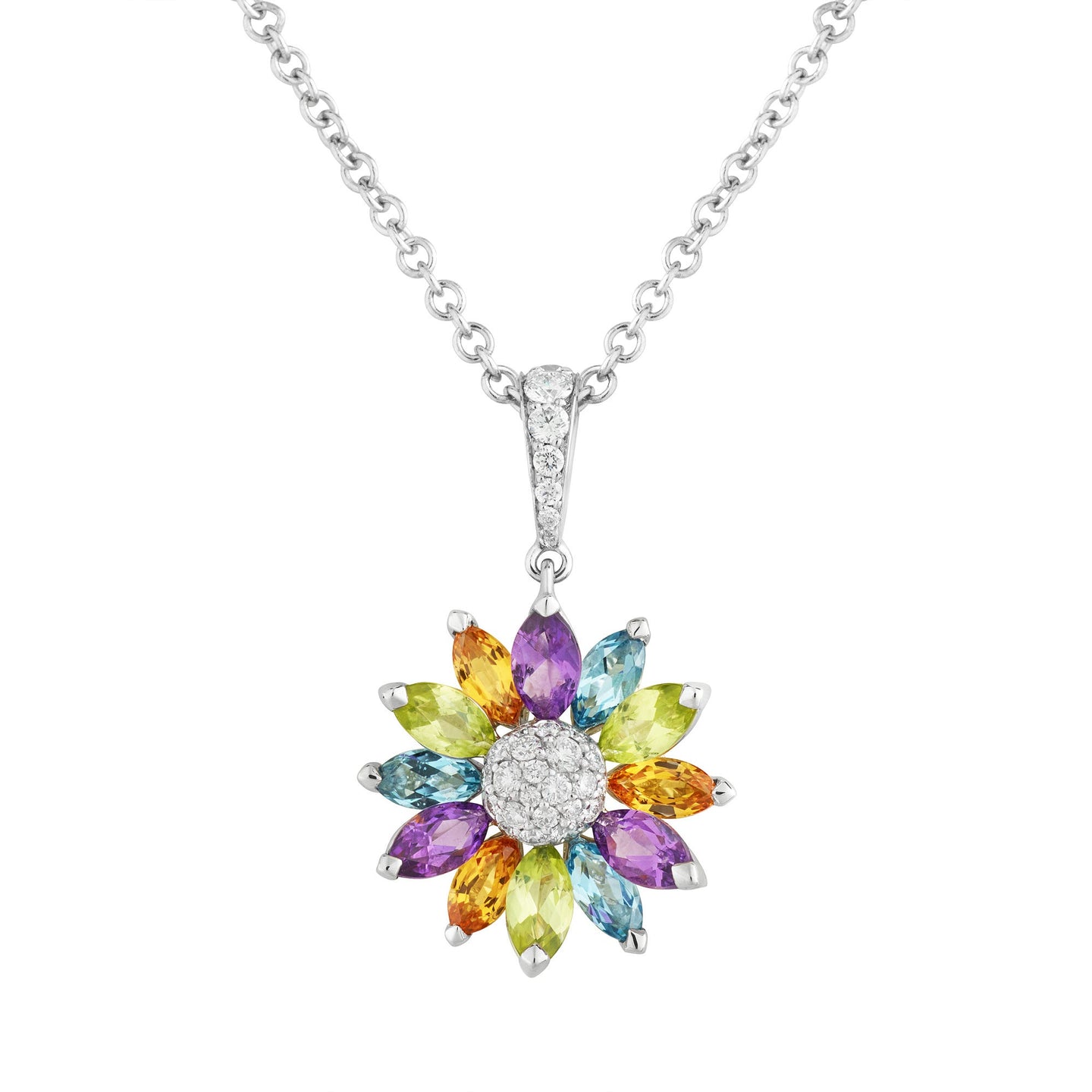 Daisy Small Pendant in 18ct White Gold with Multicoloured Gemstones