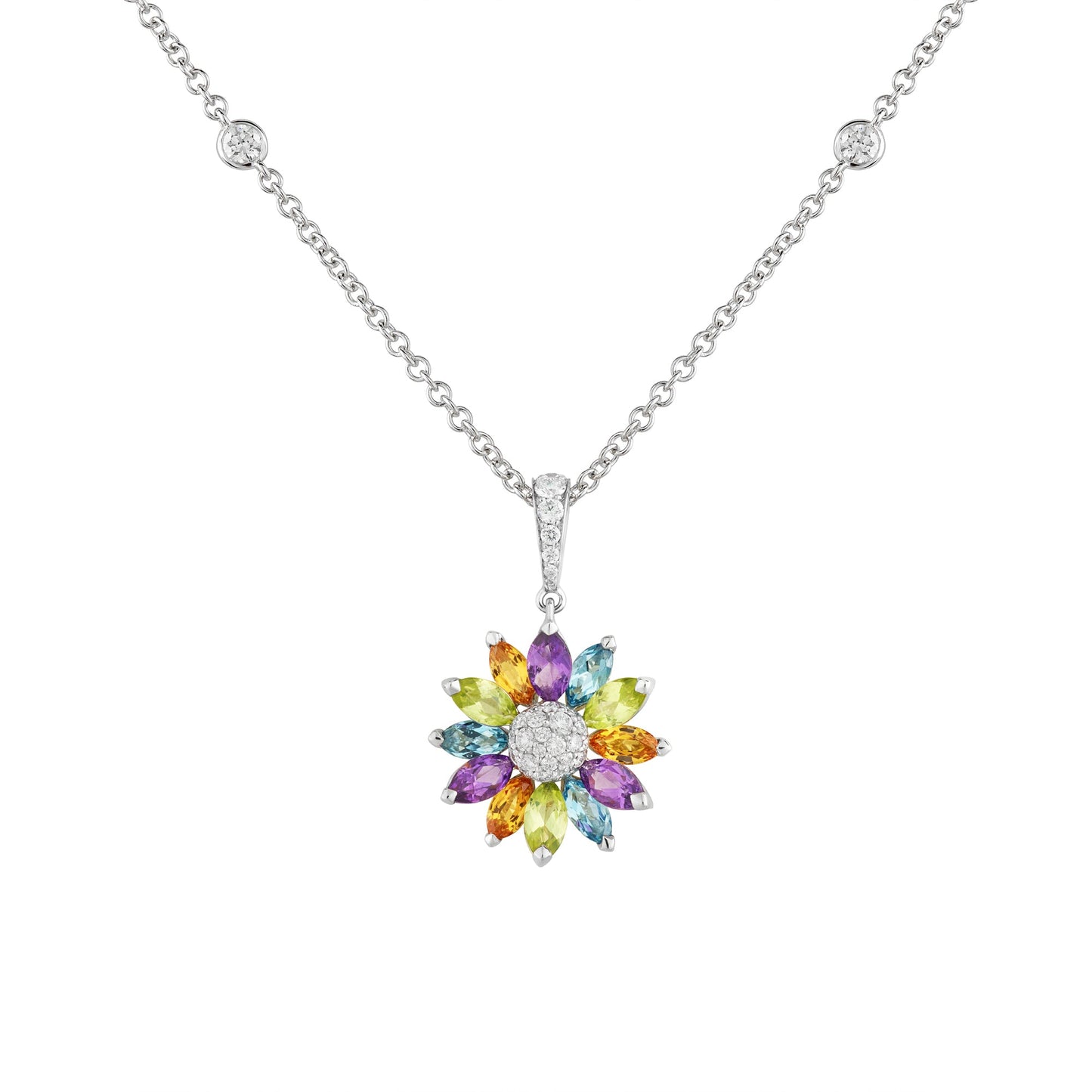 マルチカラーの宝石が付いた 18K ホワイトゴールドのデイジー スモール ペンダント