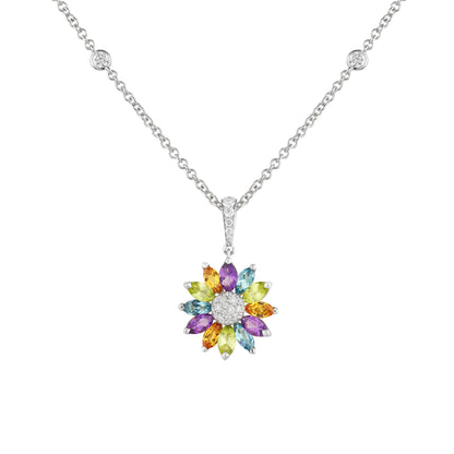マルチカラーの宝石が付いた 18K ホワイトゴールドのデイジー スモール ペンダント