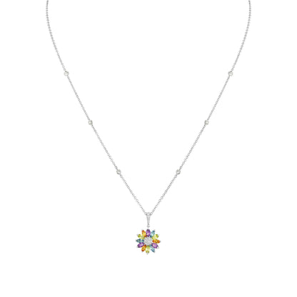Daisy Small Pendant in 18ct White Gold with Multicoloured Gemstones