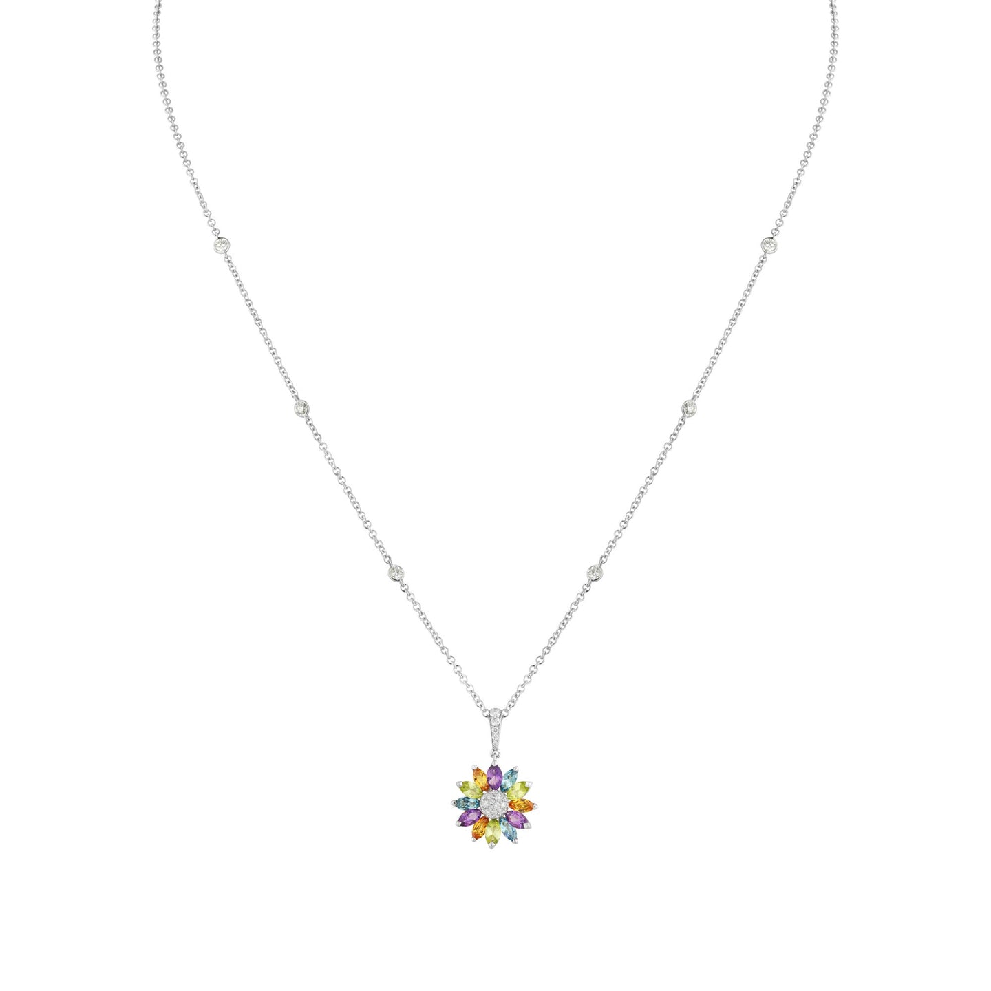 Daisy Small Pendant in 18ct White Gold with Multicoloured Gemstones