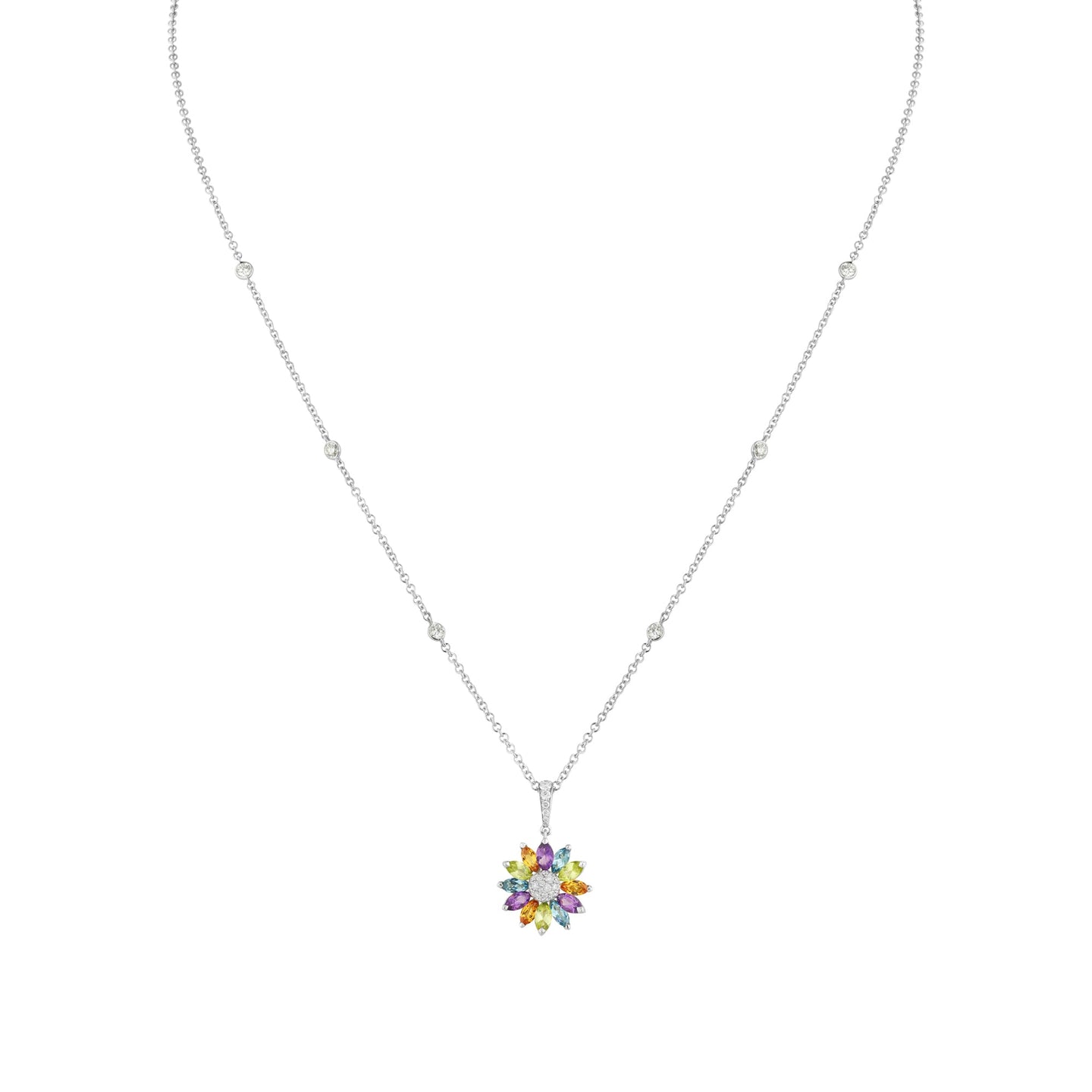 Daisy Small Pendant in 18ct White Gold with Multicoloured Gemstones