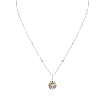 マルチカラーの宝石が付いた 18K ホワイトゴールドのデイジー スモール ペンダント