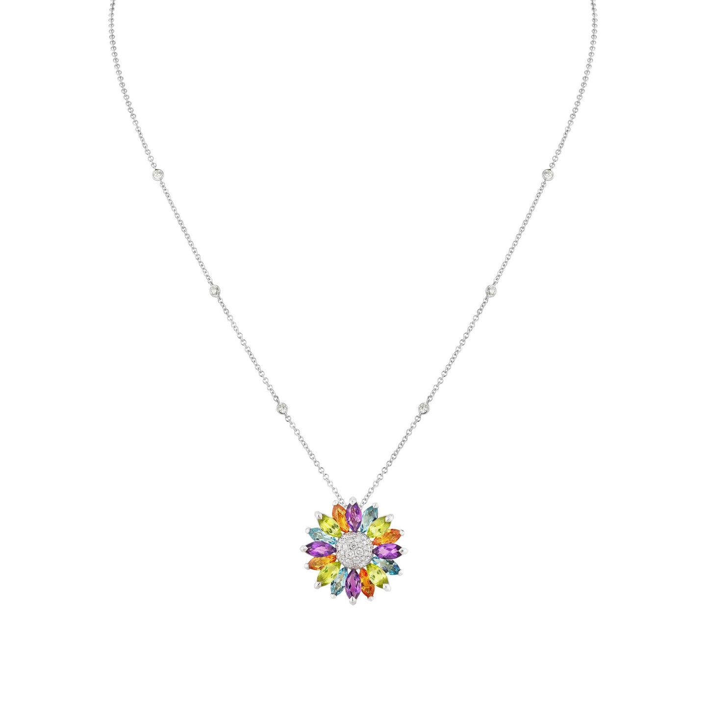Daisy Medium Pendant in 18ct White Gold with Multicoloured Gemstones
