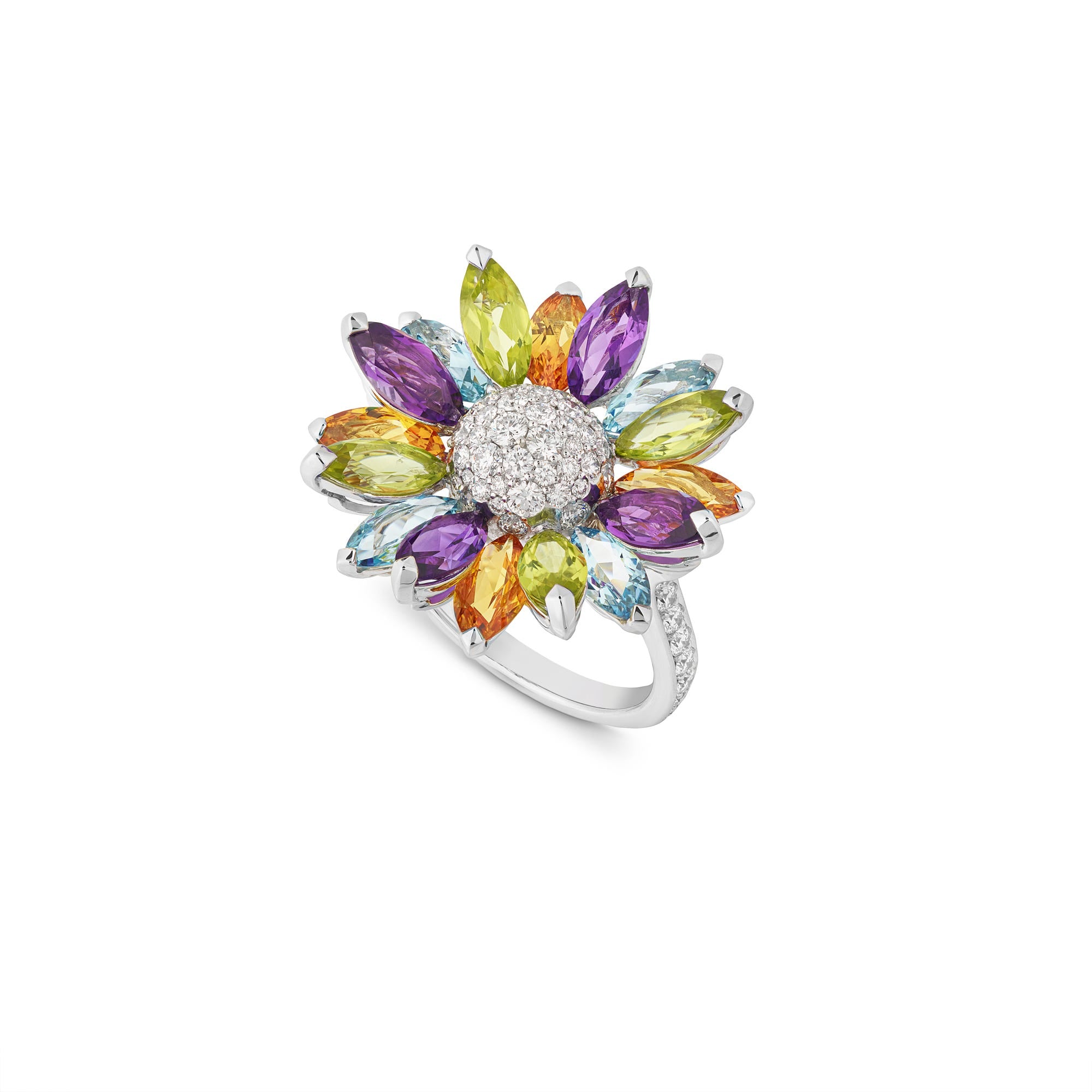 Daisy Medium Ring in 18ct White Gold with Multicoloured Gemstones ...