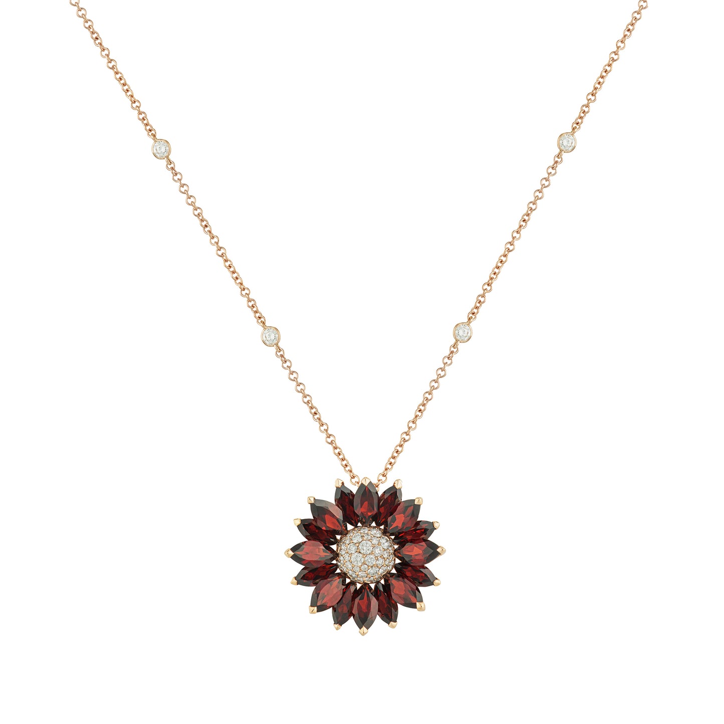 Daisy Medium Pendant in 18ct Rose Gold with Garnet and Diamonds