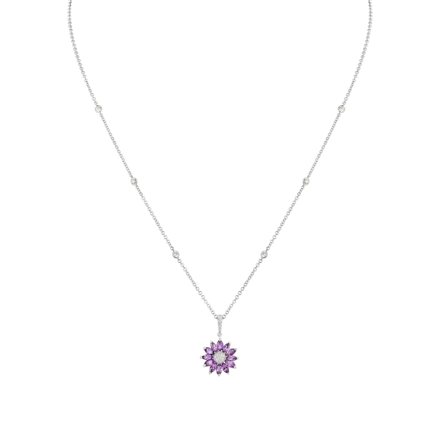 Daisy Small Pendant in 18ct White Gold with Amethyst and Diamonds