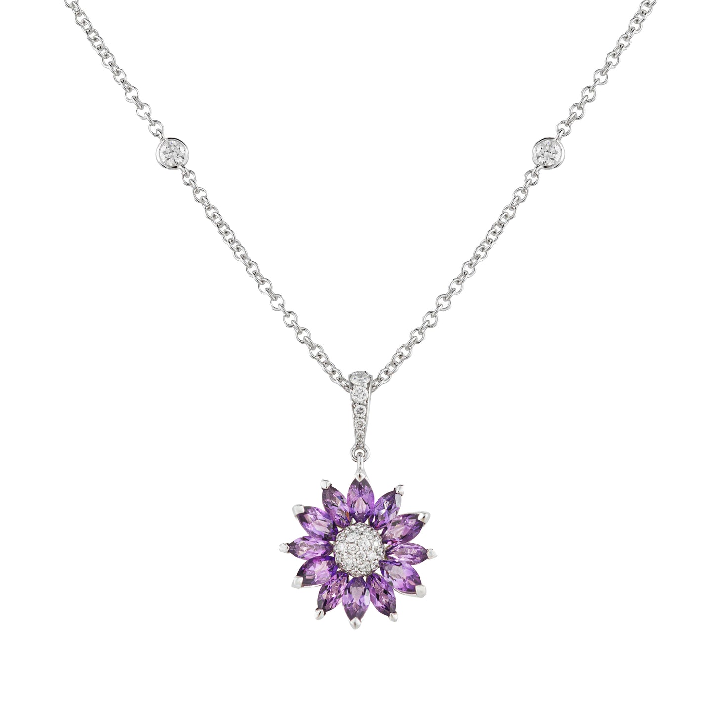 Daisy Small Pendant in 18ct White Gold with Amethyst and Diamonds