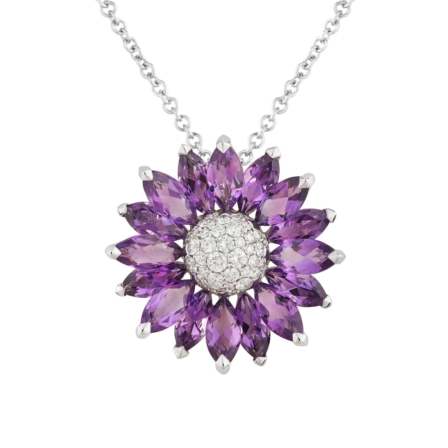 Daisy Medium Pendant in 18ct White Gold with Amethyst and Diamonds