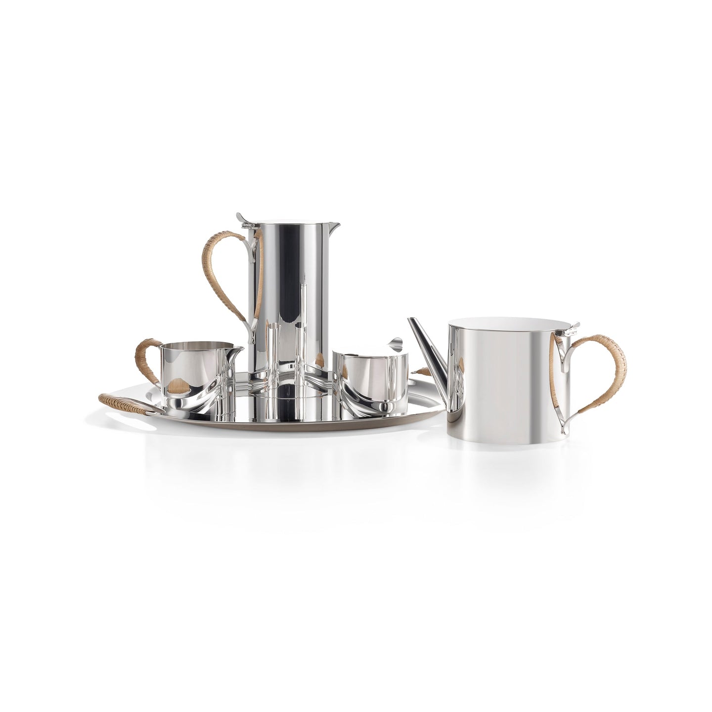 Cane Tea & Coffee Set With Tray in Sterling Silver