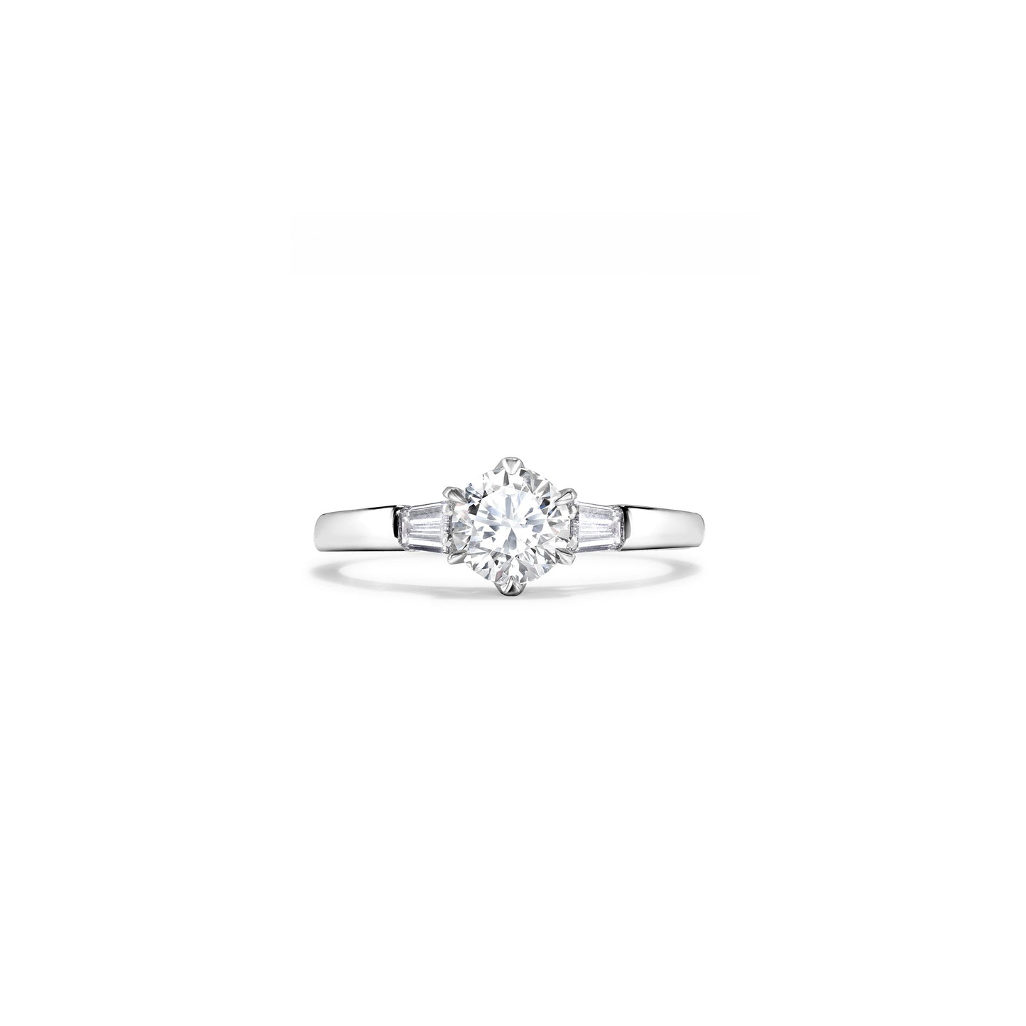 Round Brilliant-Cut Diamond Engagement Ring in Platinum with Tapered Baguettes