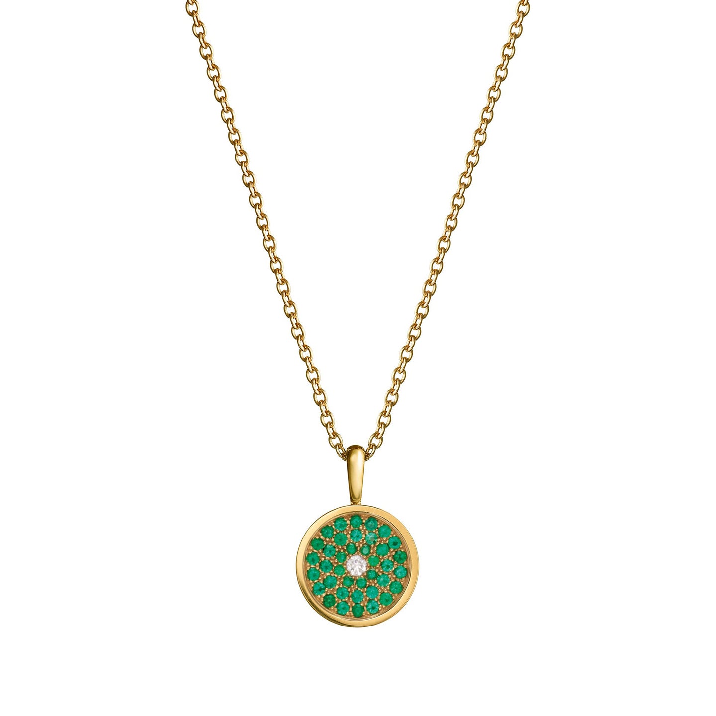167 Button Pendant in 18ct Yellow Gold with Emerald and Diamonds