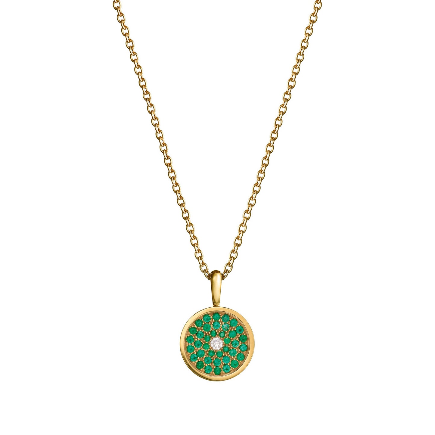 167 Button Pendant in 18ct Yellow Gold with Emerald and Diamonds