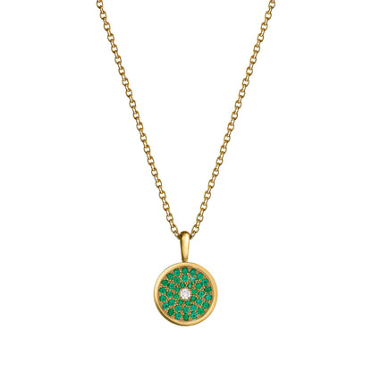 167 Button Pendant in 18ct Yellow Gold with Emerald and Diamonds