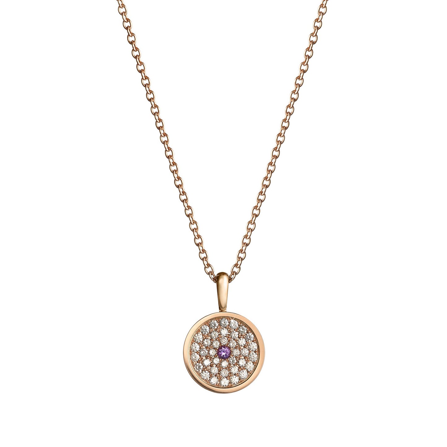 167 Button Pendant in 18ct Rose Gold with Amethyst and Diamonds