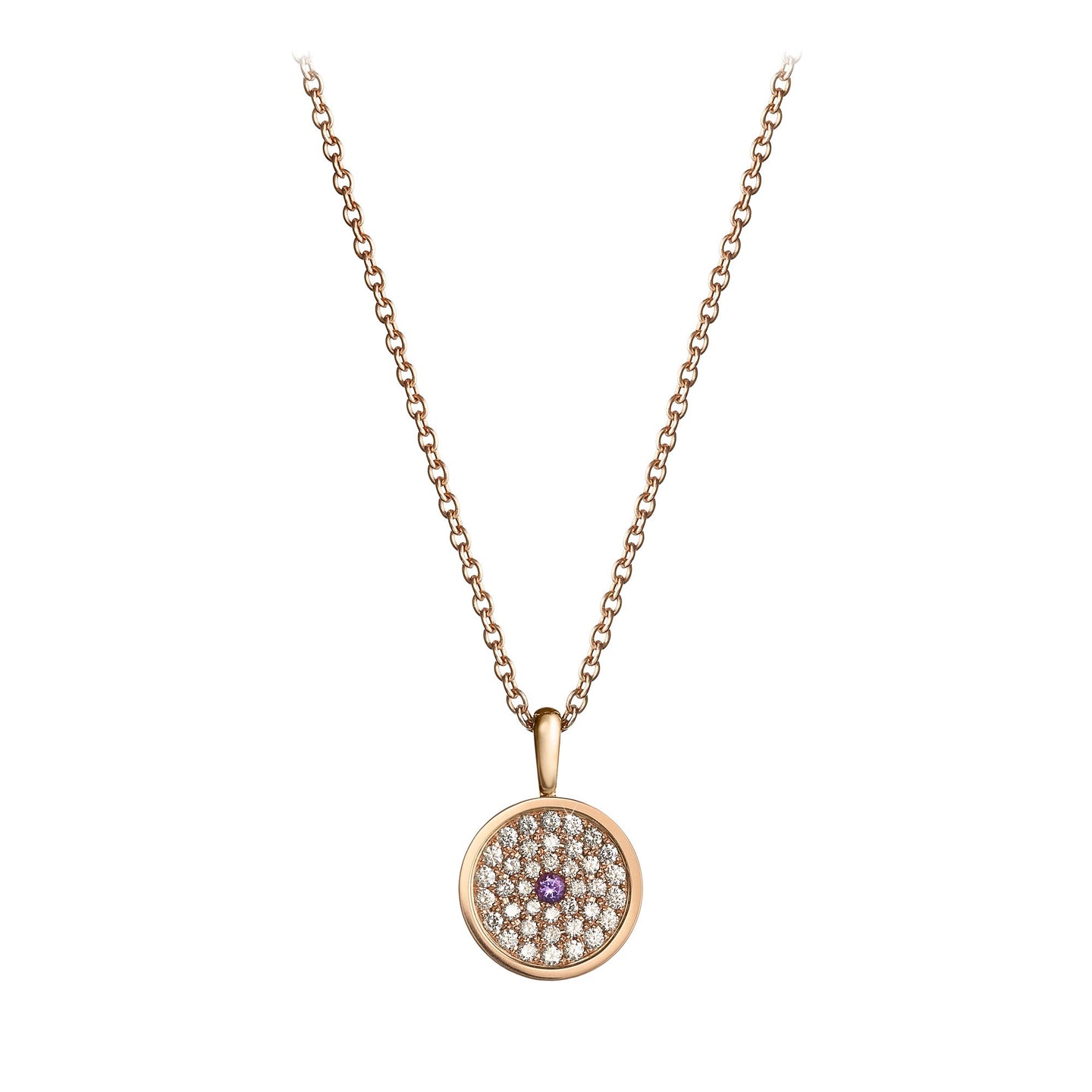167 Button Pendant in 18ct Rose Gold with Amethyst and Diamonds