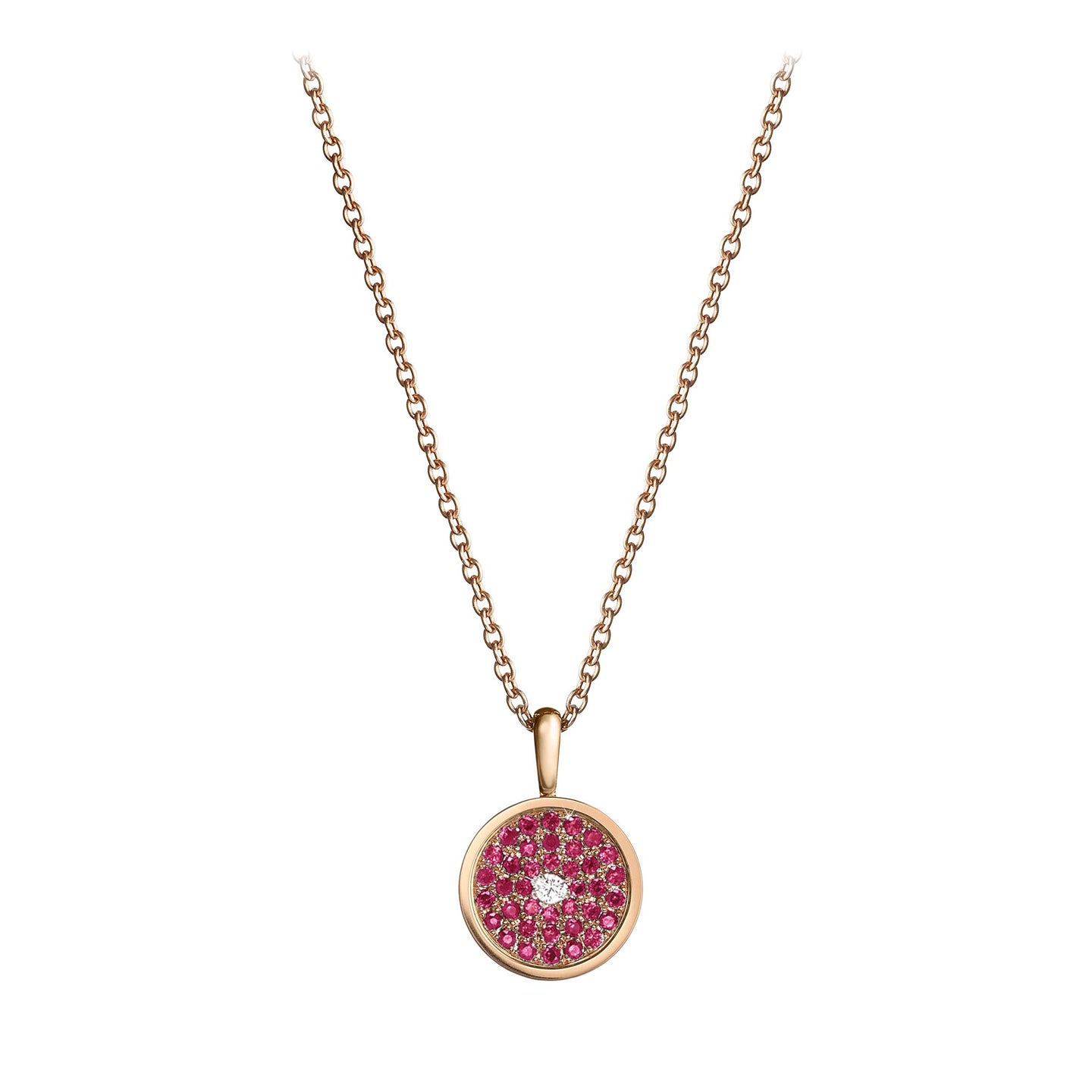 167 Button Pendant in 18ct Rose Gold with Ruby and Diamonds