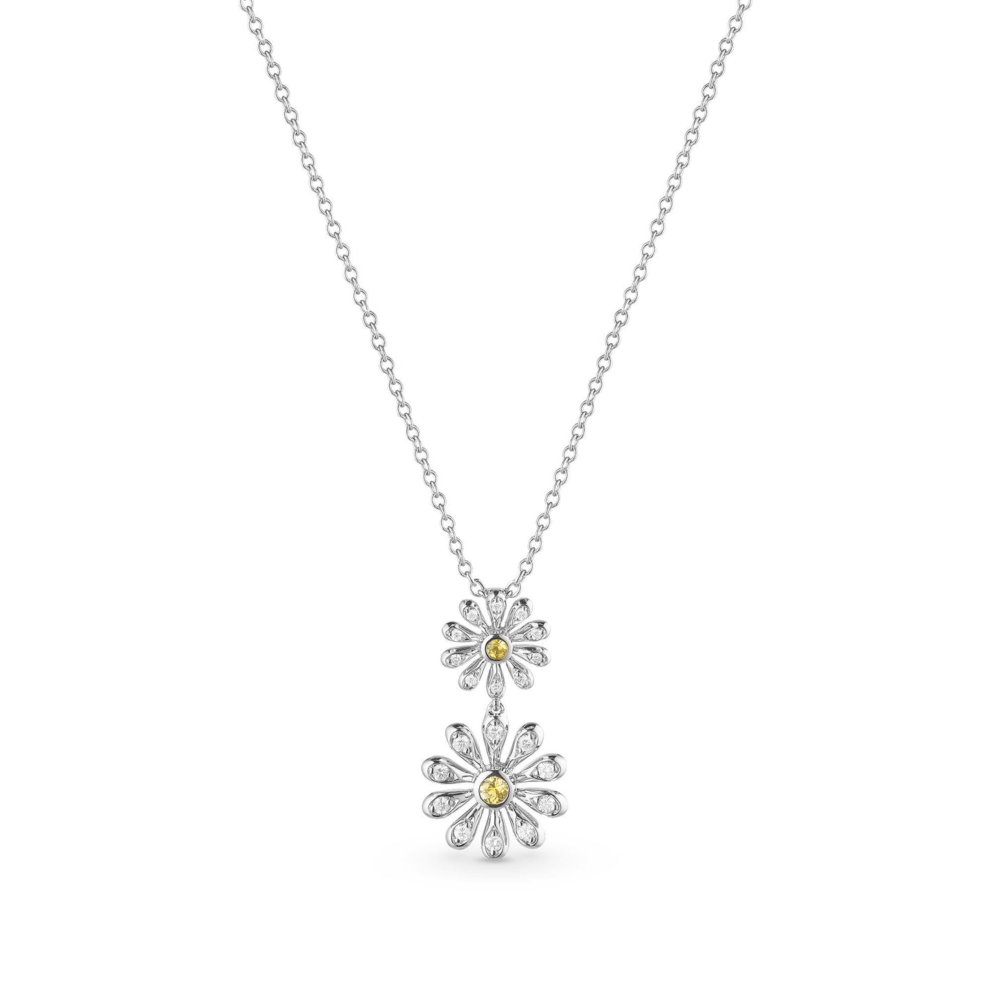 Mini Daisy Double Pendant in 18ct White Gold with Yellow Sapphire and Diamonds