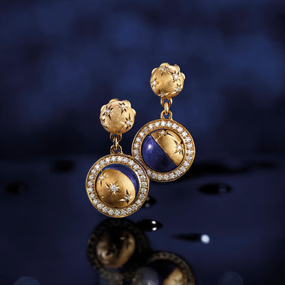 Cosmic Orbit Earrings in 18ct Yellow Gold with Lapis and Diamonds