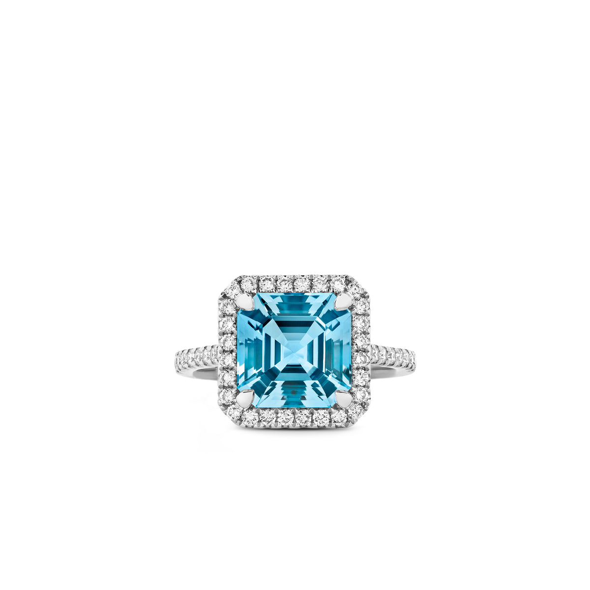 Asscher-Cut Aquamarine Ring with Diamond Halo in 18ct White Gold