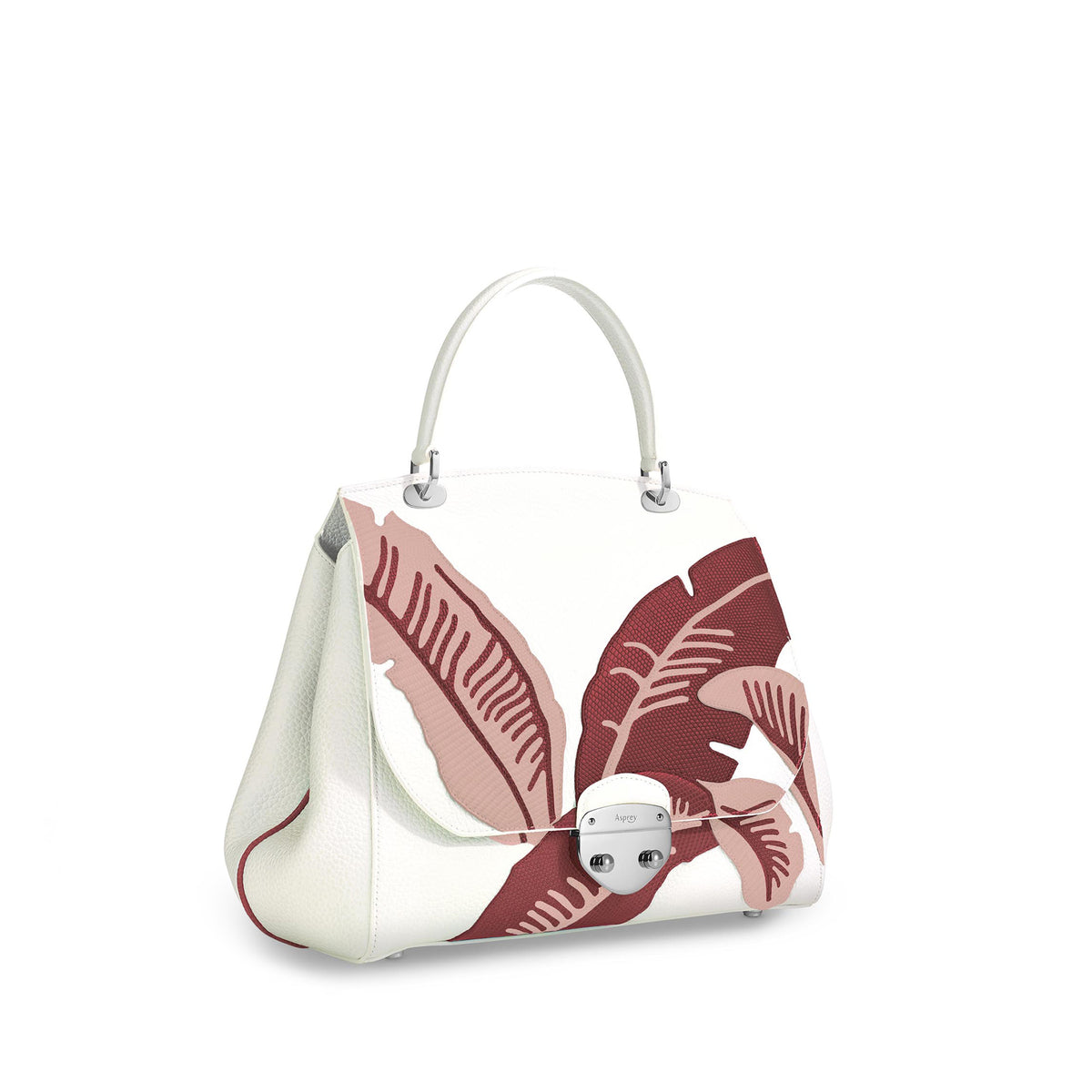 Asprey839 Belle Brown Leaf ハンドバッグ（ホワイト ソフトグレインレザー）