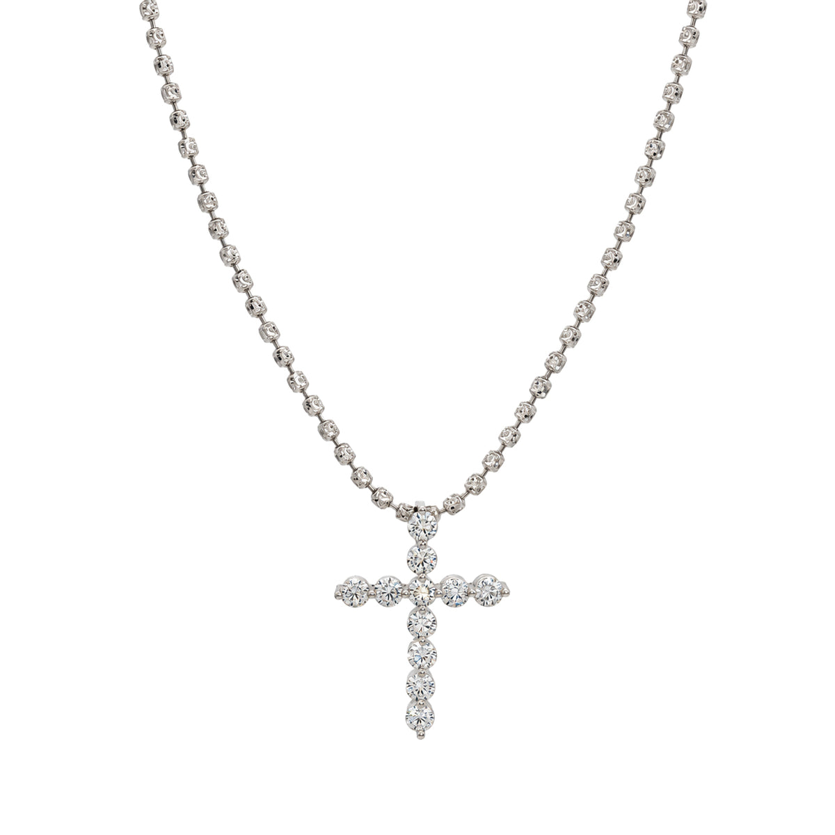 A white gold cross pendant necklace adorned with diamonds, suspended from a matching diamond beaded chain on a plain white background.