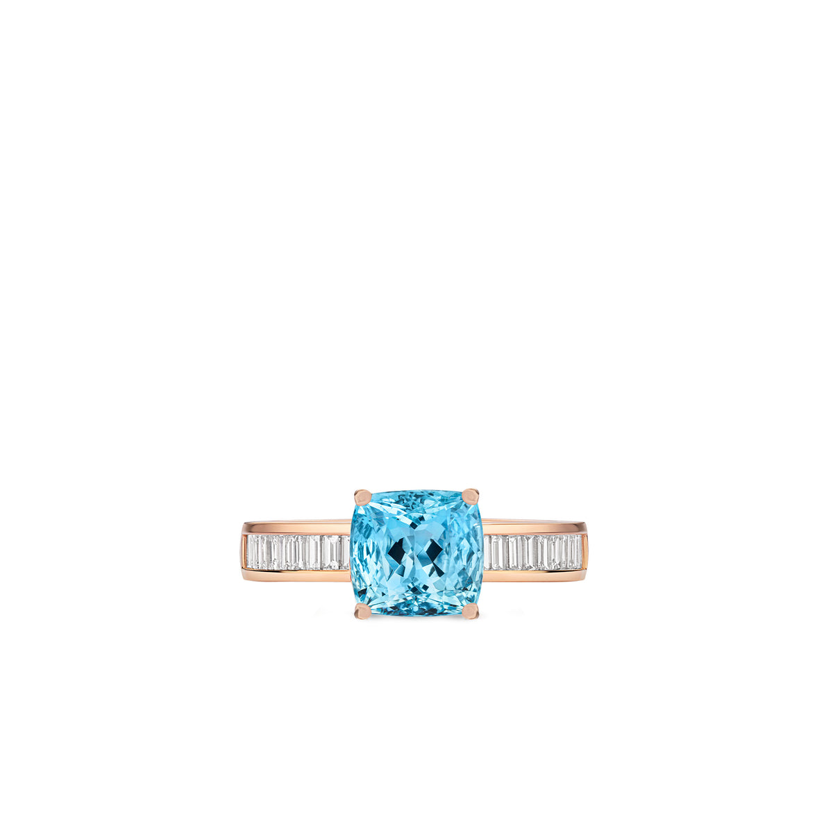 Cushion-Cut Aquamarine Ring in 18ct Rose Gold with Baguette Diamonds